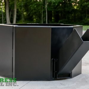 A large, black Express Steel Manual Concrete Placement Bucket with an angled chute sits outdoors on concrete. The green and gray Express Steel Inc. logo is in the bottom left, with trees and a roadway visible in the background.