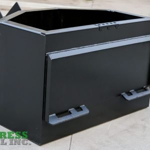 A large black metal Express Steel Manual Concrete Placement Bucket with a slanted front and two latches sits on concrete. The green and gray Express Steel Inc. logo appears in the lower left corner.
