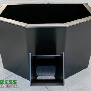 The Express Steel Manual Concrete Placement Bucket is a large, black, metal hopper with an octagonal top and a rectangular chute. The Express Steel Inc. logo appears in the lower left corner, and the bucket rests on a concrete surface.