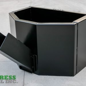 A large black metal Express Steel Manual Concrete Placement Bucket with an angled chute sits on a concrete floor. The Express Steel Inc. logo in green and gray is displayed in the bottom left corner.