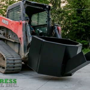 A red Kubota skid steer with an Express Steel Manual Concrete Placement Bucket sits on concrete near a road, surrounded by greenery. The Express Steel Inc. logo is visible in the lower left corner.
