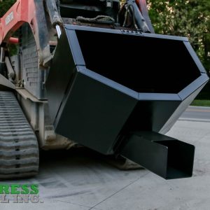 A close-up of an Express Steel Manual Concrete Placement Bucket with a large black chute, parked on concrete near a road. The Express Steel Inc. logo is visible in the lower left, with trees and a building in the background.
