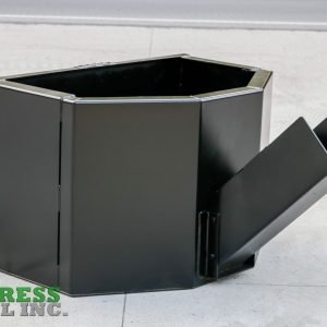 A black, pentagon-shaped metal Express Steel Manual Concrete Placement Bucket with a slanted rectangular chute sits on a light concrete floor. The green and gray Express Steel Inc. logo is in the lower left corner.