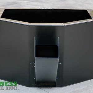 An Express Steel Manual Concrete Placement Bucket, large, black, and metal with an angled hexagonal shape and front chute opening, sits on concrete. The Express Steel Inc. logo appears in the bottom left corner.