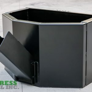 A black steel Express Steel Manual Concrete Placement Bucket with an angular design, large open top, and chute for material dispersal. The Express Steel Inc. logo appears in the bottom left corner.