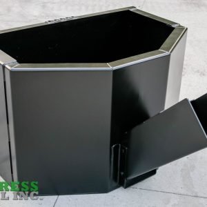 An Express Steel Manual Concrete Placement Bucket, made of black metal and featuring an angled chute, is positioned on a concrete surface. The Express Steel Inc. logo appears in the bottom left corner.