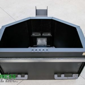 An Express Steel Manual Concrete Placement Bucket, large and black, sits on a concrete surface. "Express Steel Inc." appears in green and gray text in the lower left corner.