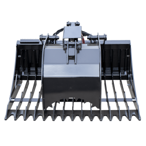 The Prime Cyclops Grapple is a heavy-duty industrial attachment with serrated edges and hydraulic components for construction or excavation equipment, displayed against a white background.
