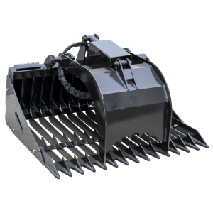 The Prime Cyclops Grapple is a heavy-duty black attachment with sharp, spaced metal tines and hydraulic components, built for use with construction or agricultural machinery.