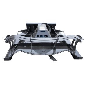 The Prime 80" Direct Drive Brush Cutter is a heavy-duty skid steer attachment in black, featuring curved protective bars, a sturdy metal frame, and PRIME branding on the front.
