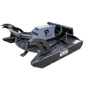 The Prime 80" Direct Drive Brush Cutter is a heavy-duty skid steer attachment featuring rotating blades and grappling arms, painted black with warning labels and the Prime brand name on top.