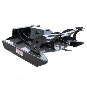 The Prime 80" Direct Drive Brush Cutter is a heavy-duty skid steer attachment featuring dual curved arms, rotating blades, a reinforced metal frame, and a warning label.