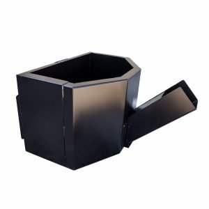 The Express Steel Manual Concrete Placement Bucket is a black, metal, hexagonal container with an angled spout on one side, shown against a white background.